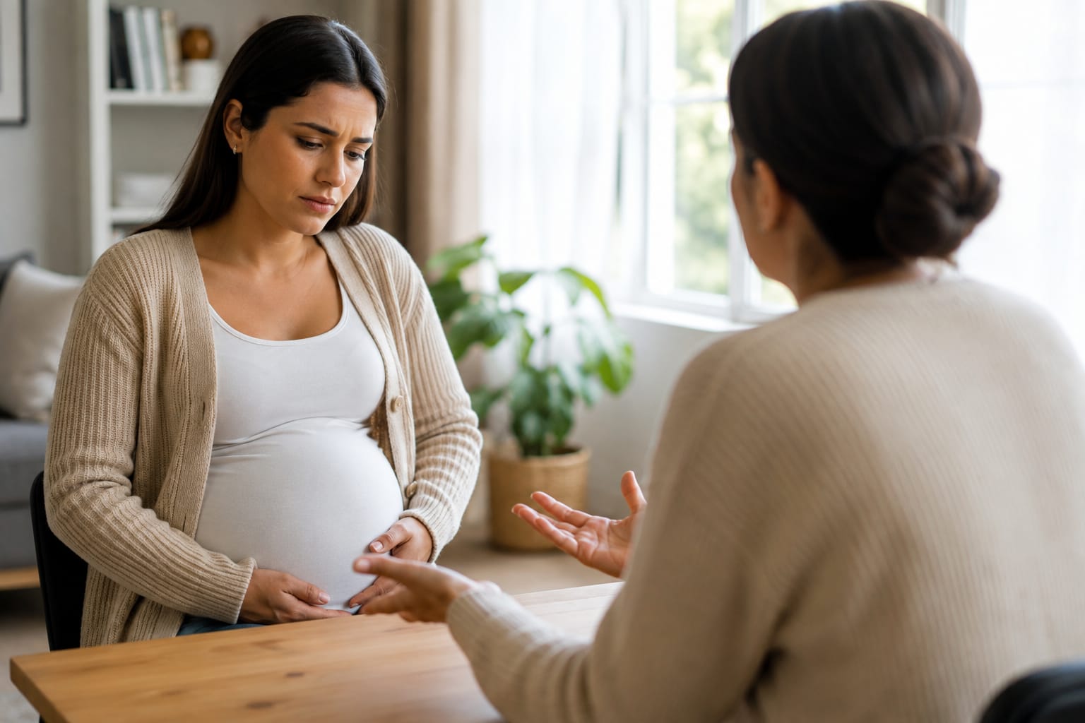 Pregnant employee discussing her pregnancy with an employer in a home setting