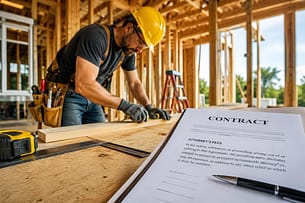 Contractor reviewing a California business contract with an attorney's fees clause before starting construction work.